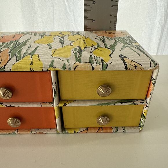 Vintage 1960s Jewelry Box 4-Drawer Orange Yellow Floral MCM Tulip Design 8x5 in - Picture 11 of 12